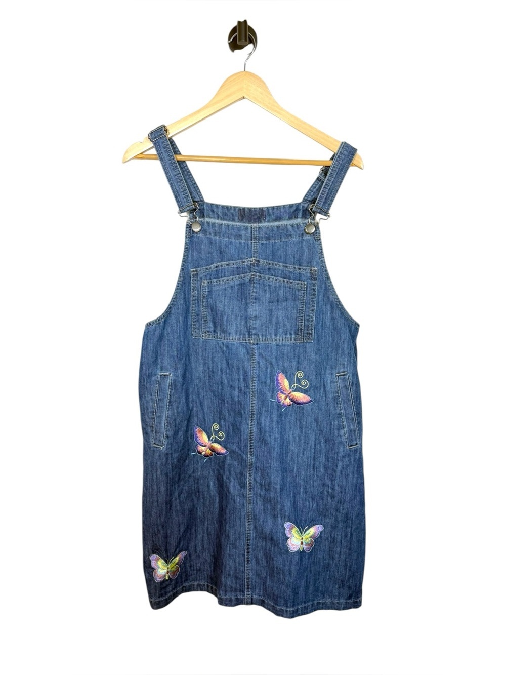 Y2K Denim Butterfly Overall Dress Womens Jumper Pinafore Embroidered Pockets